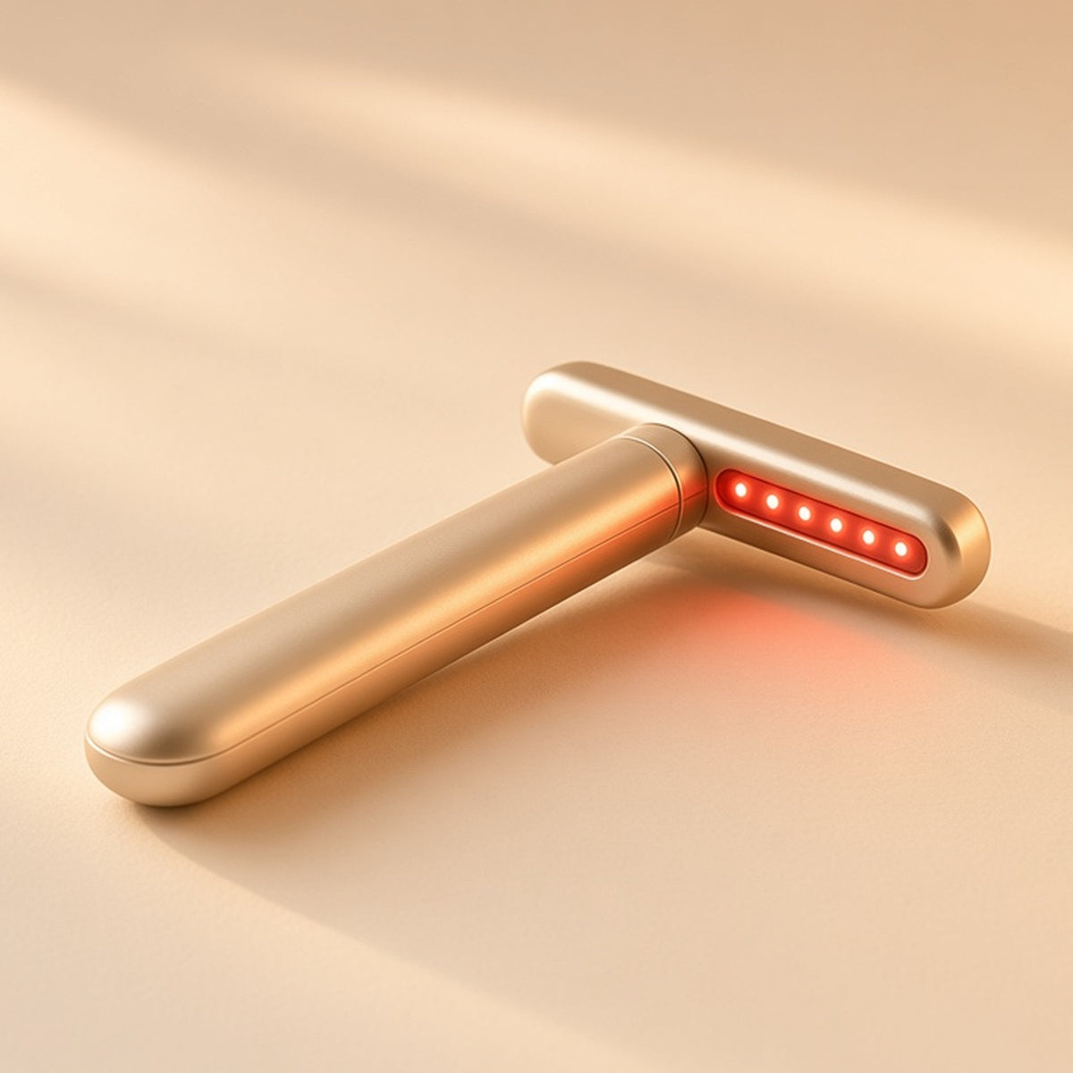 Halo eye wand in gold with a soft warm-light tip on a seamless cream backdrop