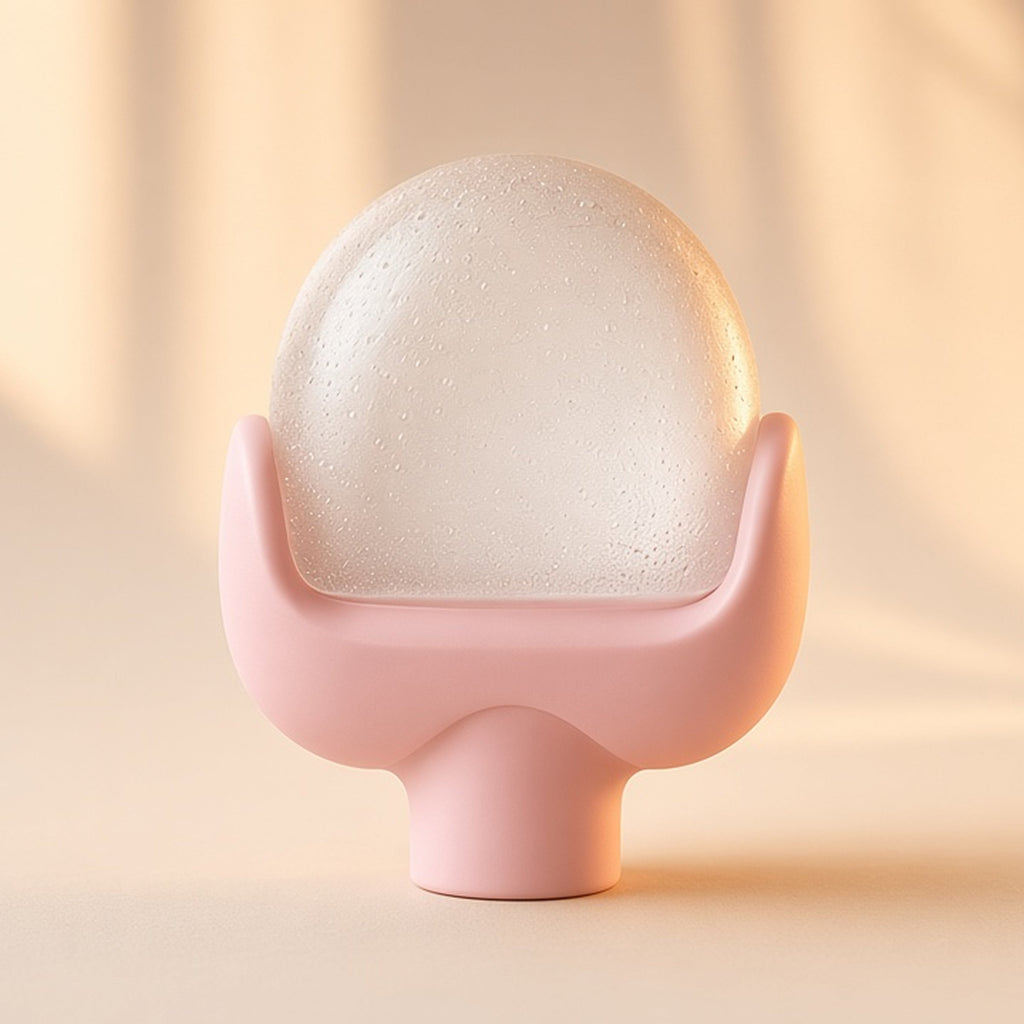 Halo ice roller on a seamless cream backdrop in warm window light