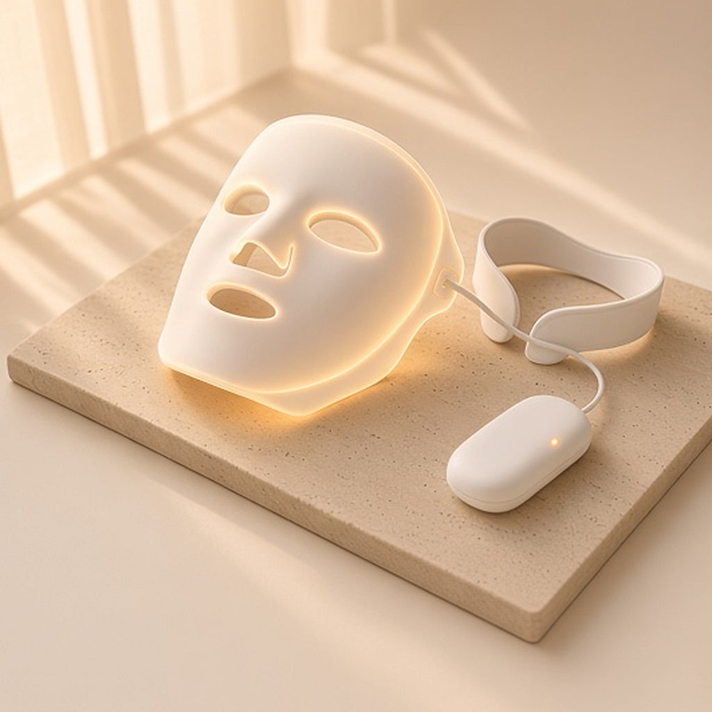 Halo Glow LED face mask with its neck collar and corded controller on a travertine slab