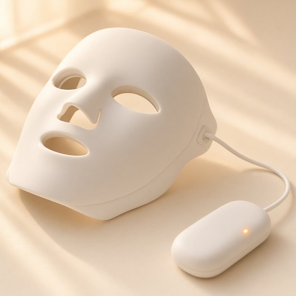 Halo Glow LED face mask, corded to its handheld controller, on a seamless cream backdrop in warm window light