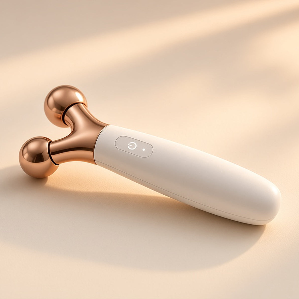 Halo Sculpt microcurrent roller with rose-gold head on a seamless cream backdrop in warm window light