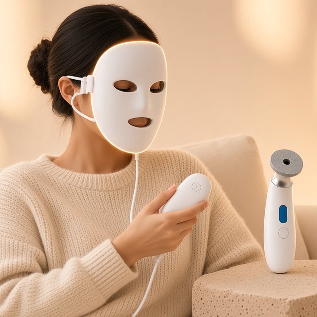Woman relaxing wearing the Halo Glow LED mask, pore wand beside her