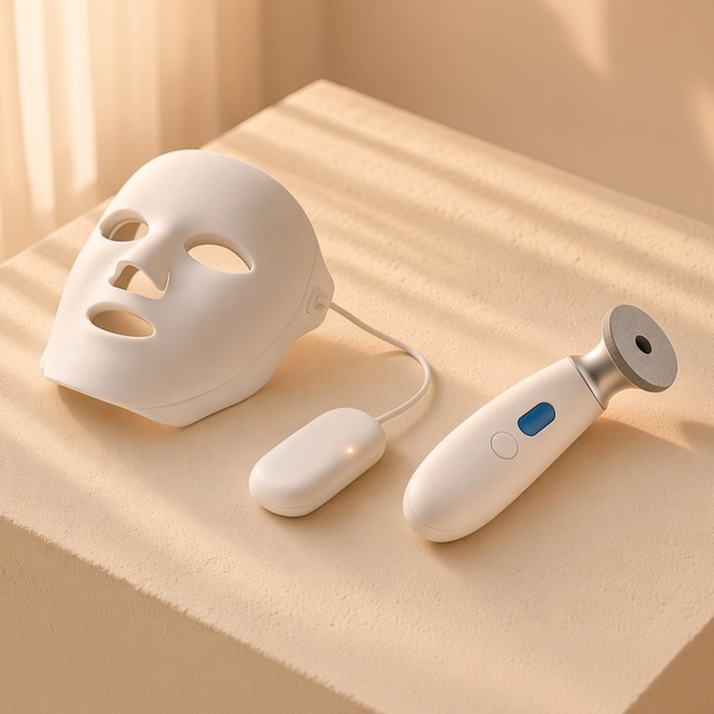 The Clear Glow Set: LED face mask with corded controller and pore wand on a cream plaster plinth