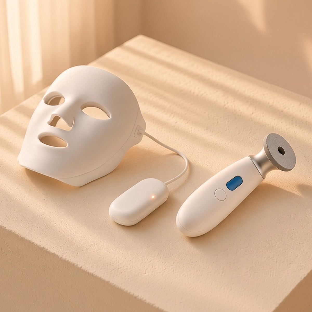 The Clear Glow Set: LED face mask with corded controller and pore wand on a cream plaster plinth