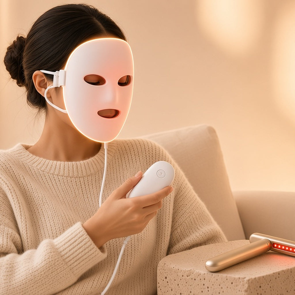 Woman relaxing at home wearing the Halo Glow LED mask, eye wand beside her