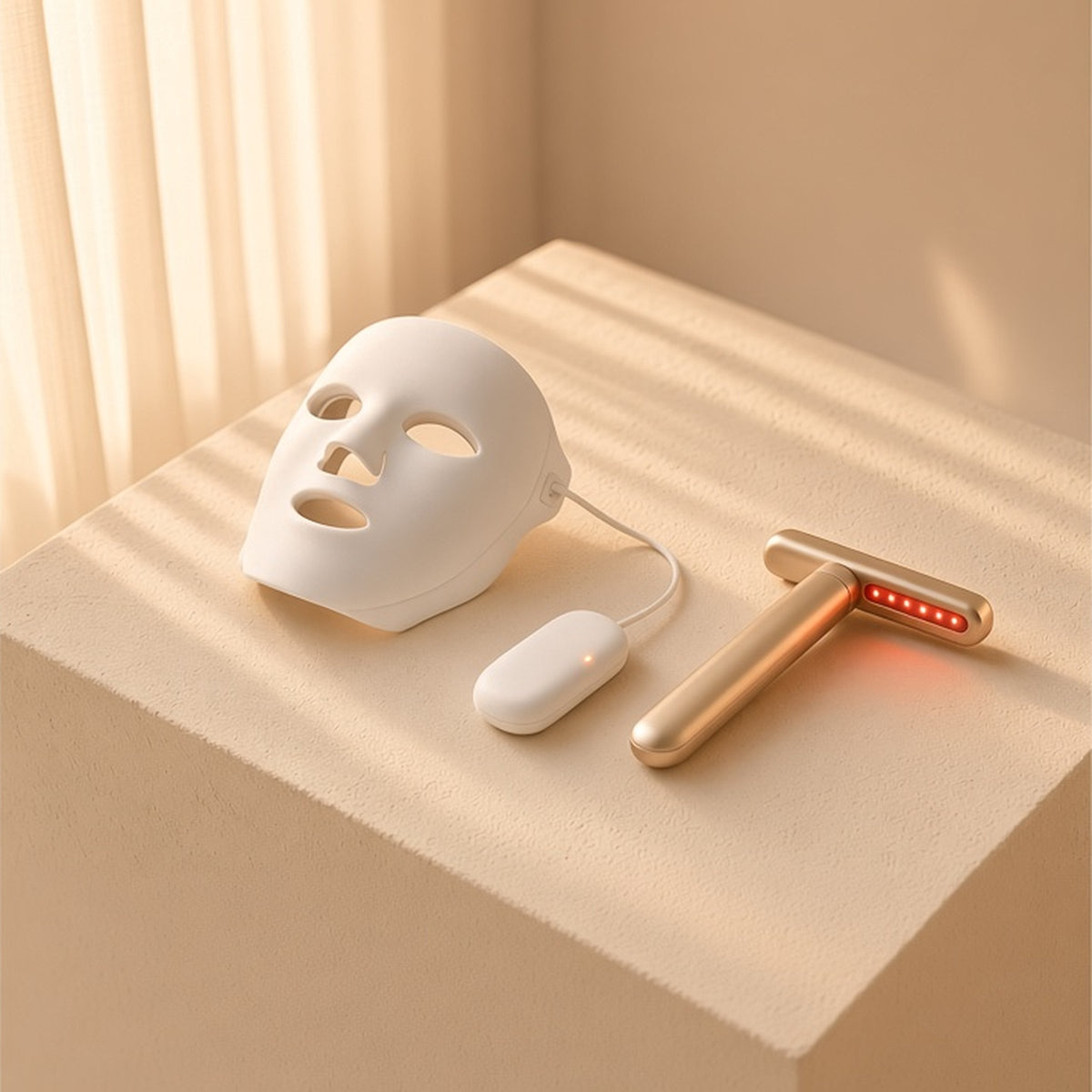 The Glow Ritual Set: LED face mask with corded controller and eye wand on a cream plaster plinth