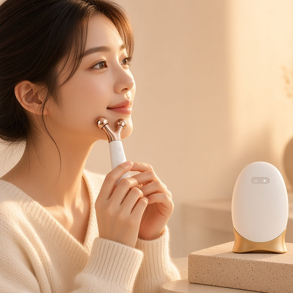 Woman using the Halo microcurrent roller along her jaw, gua sha beside her