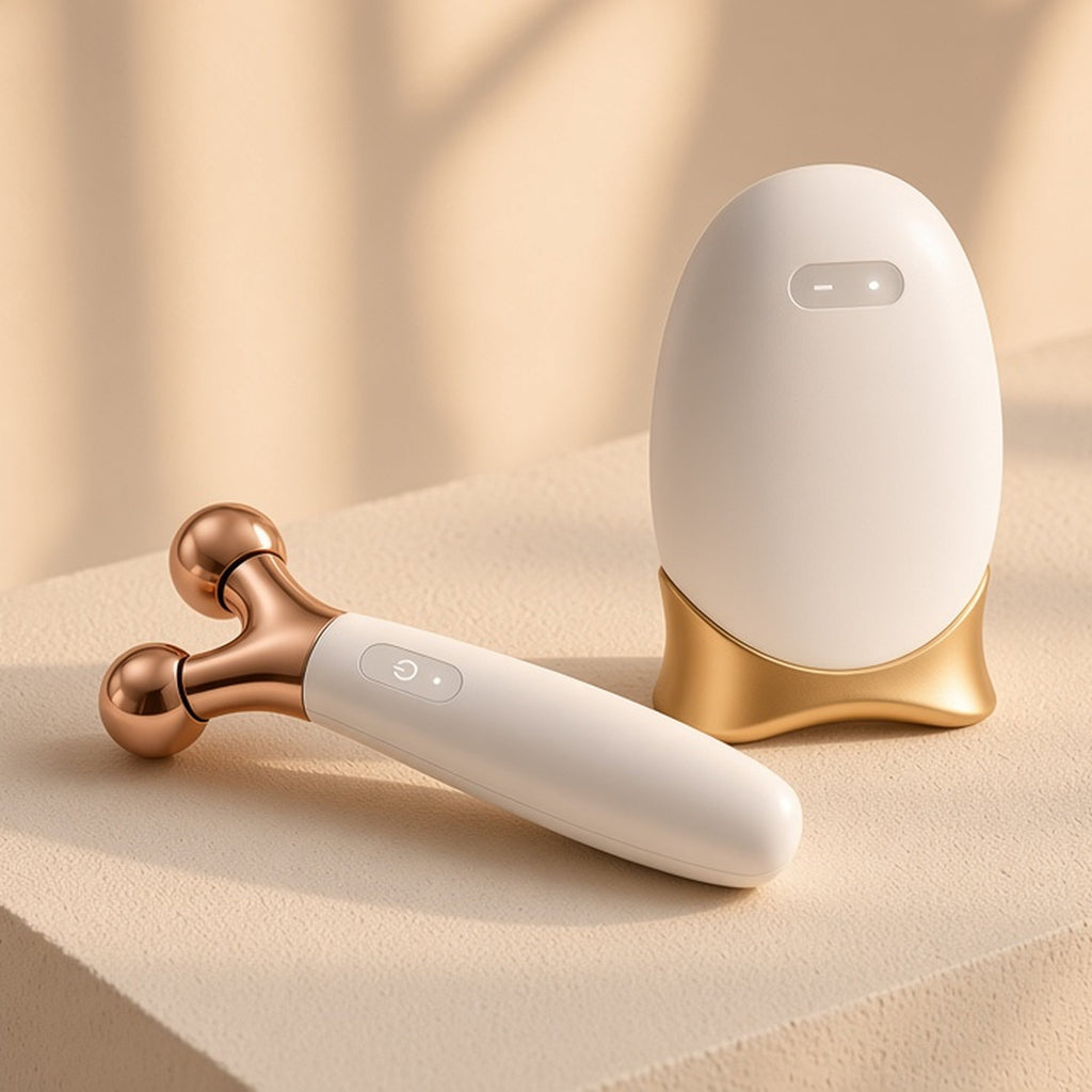 The Sculpt Set: microcurrent roller and warm gua sha on a cream plaster plinth