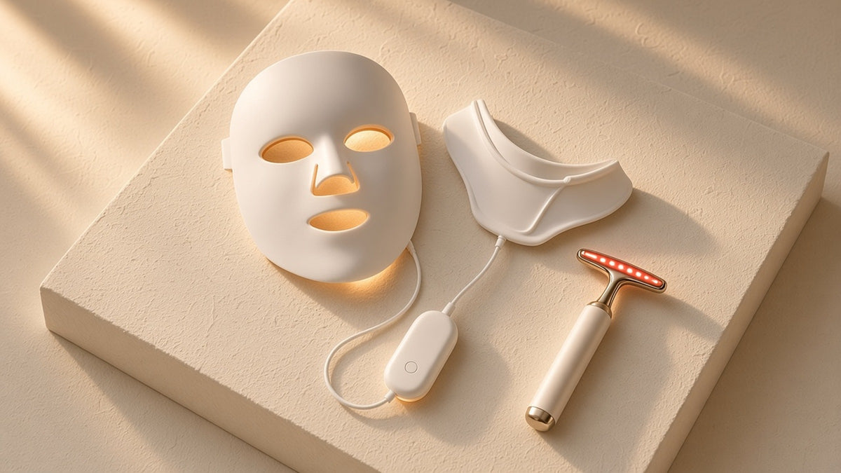 The Glow Ritual Set: LED mask and eye wand flat-lay