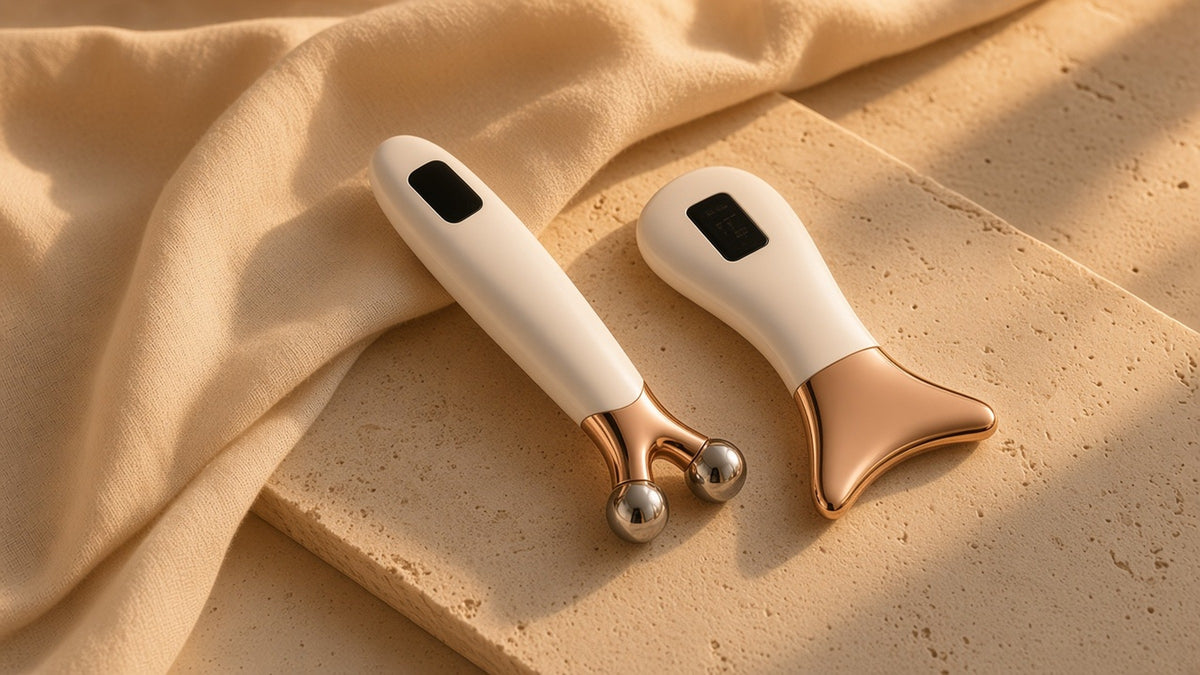 The Sculpt Set: microcurrent sculpt roller and warm gua sha flat-lay