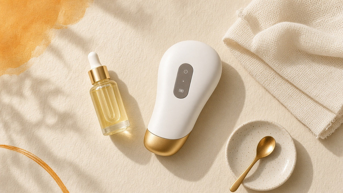 Halo Warm Gua Sha flat-lay on cream backdrop