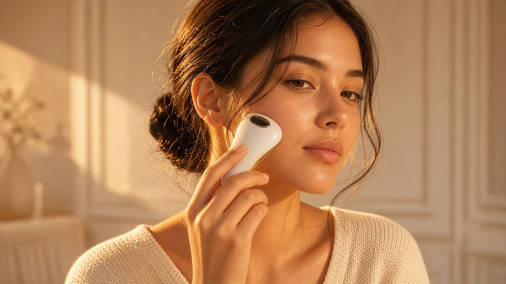 Halo Warm Gua Sha in use during an evening self-care ritual