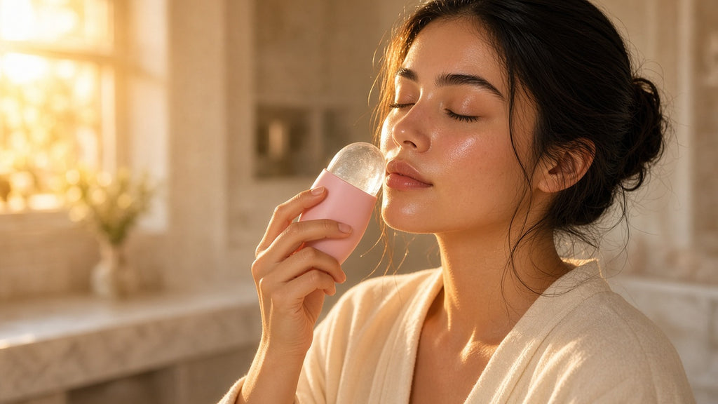 Halo Ice Roller in use during an evening self-care ritual