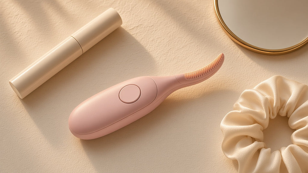 Halo Heated Lash Curler flat-lay on cream backdrop