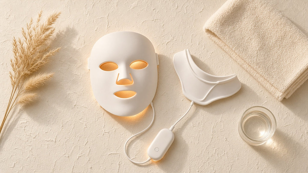 Halo Glow LED mask flat-lay on cream backdrop