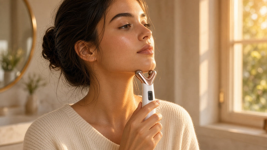 Halo Sculpt microcurrent roller in use during an evening self-care ritual