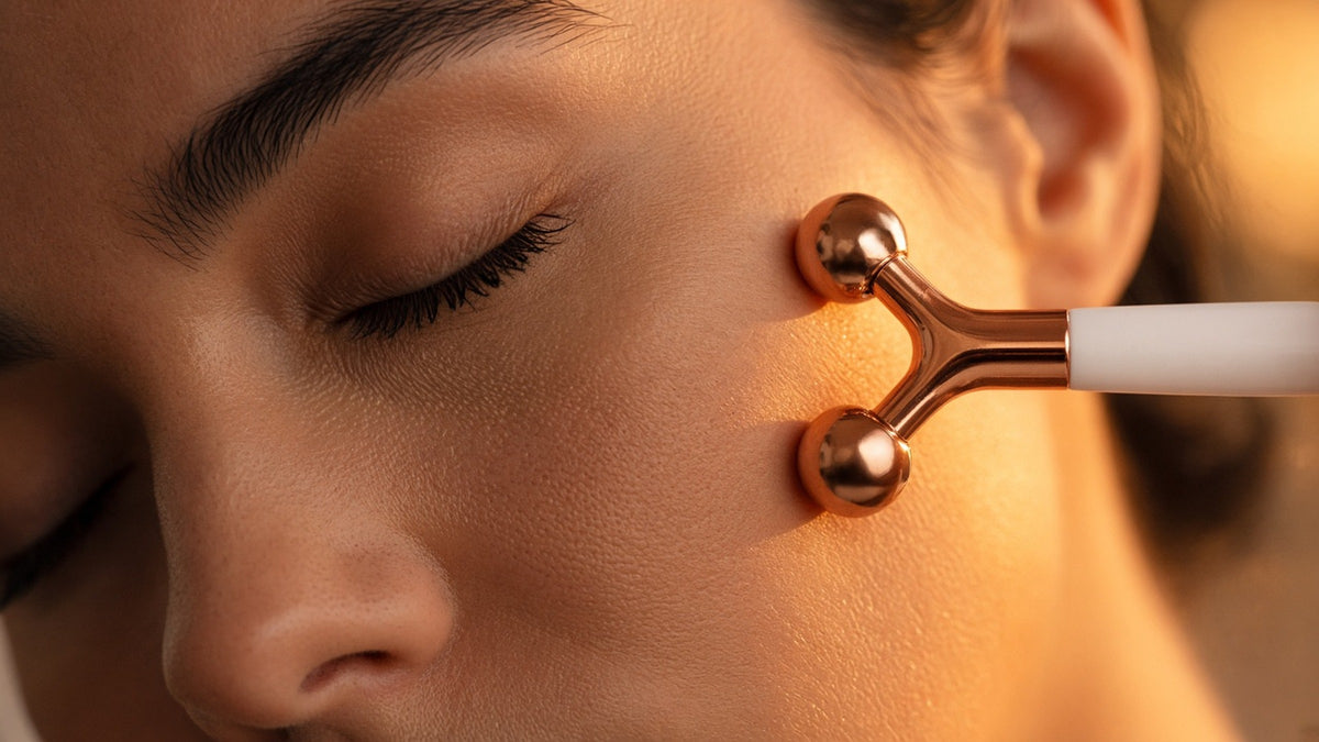 Halo Sculpt microcurrent roller close-up on skin